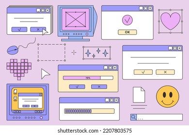 Betriebssystem, altes Computerfenster, Browser, Dialogfenster, alte Elemente der Benutzeroberfläche des Computers. Konzept der 90er Jahre, 00er Jahre, Y2k ästhetische komische 2000 Stil. Nostalgisches Retro-Betriebssystem