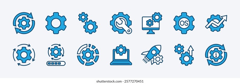 Set of operating system or OS icon. Containing software update, configuration, customization, options, maintenance, progress bar, upgrade, settings, installation, process, service. Vector illustration