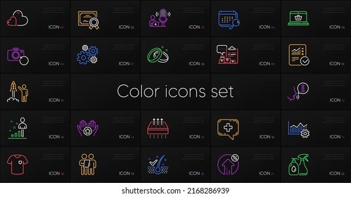 Set of Operational excellence, Checked calculation and Loan percent line icons. Include Online shopping, Calendar, Recovery photo icons. Survey, Certificate, Medical chat web elements. Vector