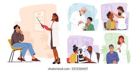 Set Ophthalmologist Doctor Check Eyesight for Eyeglasses Diopter. Oculist with Pointer Checkup Eye Sight. Professional Optician Exam Patient for Treatment Vision. Cartoon People Vector Illustration