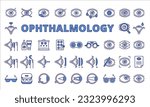 Set of Ophthalmology icons in line design. Eye, Vision, Glasses, laser correction, Contact lenses, Retina, Cataract, Glaucoma vector illustrations.Eye icons isolated on while background vector