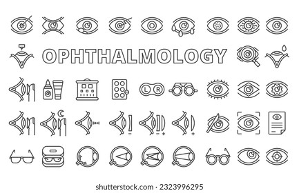 Conjunto de iconos oftalmológicos en el diseño de líneas. Ojos, visión, gafas, corrección láser, lentes de contacto, Retina, Cataract, ilustraciones vectoriales de glaucoma.Iconos oculares aislados en vectores de fondo