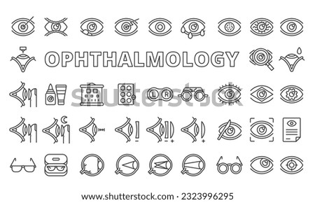Set of Ophthalmology icons in line design. Eye, Vision, Glasses, laser correction, Contact lenses, Retina, Cataract, Glaucoma vector illustrations.Eye icons isolated on while background vector