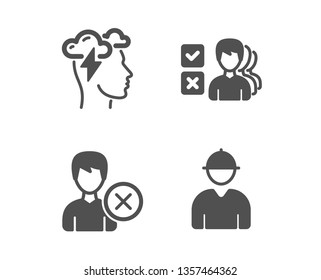 Set of Opinion, Mindfulness stress and Remove account icons. Engineer sign. Choose answer, Cloud storm, Delete user. Worker profile.  Classic design opinion icon. Flat design. Vector
