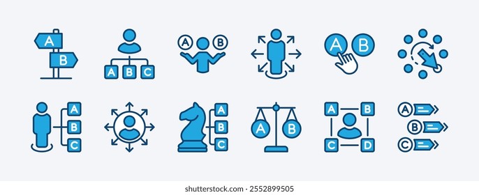 Conjunto de vetor de ícone de oportunidade. Contendo escolha, direção, verdade, carreira de negócios, botões, confuso, decidir, decisão, orientação, guia, alternativa, estratégia, opção, ponto, seleção, variedade