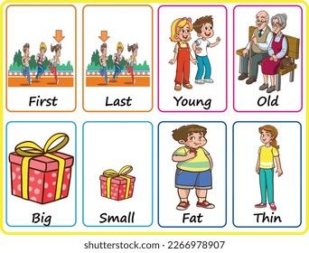 Set opposite cards words, first-last, young-old, big-small, fat-thin, colorful flashcards for kids