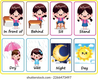 Set opposite cards words, in front of-behind, sit-stand, dry-wet, night-day, colorful flashcards for kids