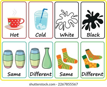 Set opposite cards words, Hot-cold, White-black, same-different, colorful flashcards for kids