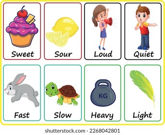 Set opposite cards words, Sweet-sour, Loud-quiet, Fast-slow, Heavy-light, colorful flashcards for kids