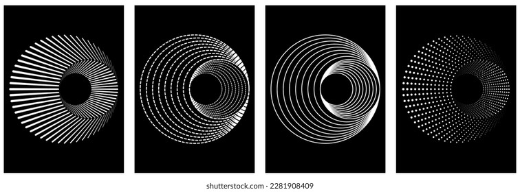 A set of optical 3D posters in white and black colors. Set in Y2K style. Hipster graphic objects for logo, design, icons, posters.