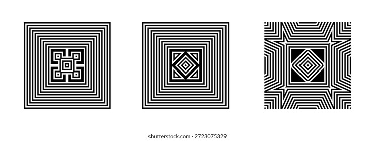 Conjunto de fundos geométricos de arte óptica com padrões quadrados concêntricos em preto e branco e arte de linha hipnótica.