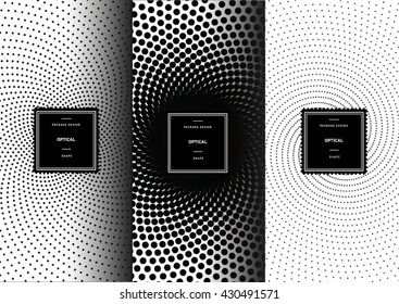 Set of optical art patterns for background and stickers with logos. Vector packaging design elements and templates.