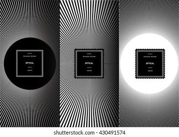 Set of optical art patterns for background and stickers with logos. Vector packaging design elements and templates.
