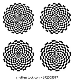 Set of optical circles. Collection of circular op art elements. Group of isolated radiating circle shapes. Geometric concentric black white striped round lines. Optical illusion effects.