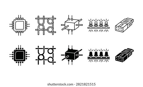 Set of optical computing icons featuring PIC processor, ring resonator, optical coupler, laser array, and fiber ribbon vector elements