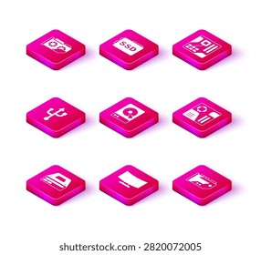 Set Optical disc drive, Computer monitor screen, USB, Hard disk HDD, Video graphic card, Motherboard digital chip,  and SSD icon. Vector