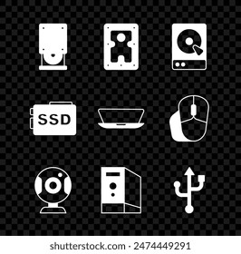 Set Optical disc drive, Hard disk HDD, Web camera, Case of computer, USB, SSD card and Laptop icon. Vector