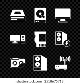 Set Optical disc drive, Hard disk HDD, Computer monitor screen, Video graphic card, Case of computer, Router and wi-fi signal,  and SD icon. Vector