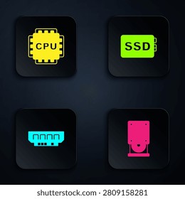 Set Optical disc drive, Processor with CPU, RAM, random access memory and SSD card. Black square button. Vector