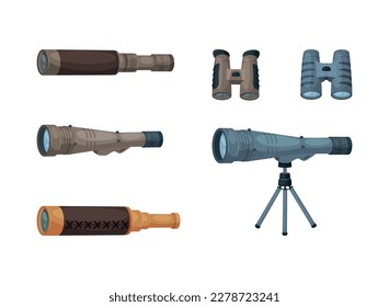 Set of optical equipment. Telescope, binoculars, spyglass cartoon vector illustration