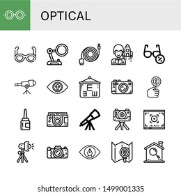 Set of optical icons such as Glasses, Sunglasses, Magnifying glass, Data cable, Astronomer, Telescope, Vision, Eye test, Camera, Search, Eye drops, Viewfinder, Studio lighting , optical