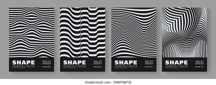 Set of Optical illusion posters. Abstract stripes. 3d wavy lines background.