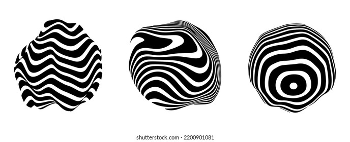 Set optical illusion in the shape of distorted sphere. Abstract vector background with black and white lines. Pattern distorted textures.