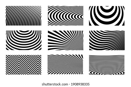 Set of optical illusion stripped backgrounds. Abstract modern halftone monochrome backdrop. Op art vector design.