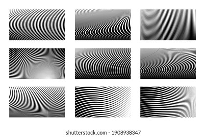 Set of optical illusion stripped backgrounds. Abstract modern halftone monochrome backdrop. Op art vector design.