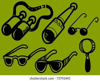 Set of optical instruments, glasses, binoculars, telescope