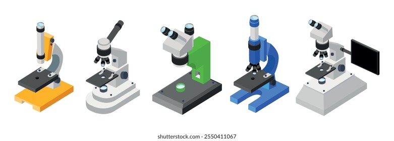 Conjunto de instrumentos ópticos, microscopios en estilo de dibujos animados. Ilustración vectorial de microscopios de diferentes colores con trípode, ocular, objetivo, etapa, botón de enfoque, base aislada sobre fondo blanco.