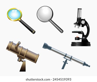 Set of optical instruments on a white background. Magnifiers, telescopes and microscope. Vector illustration