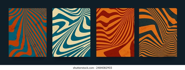 Set of Optical Psychedelic Autumn Designs with Twisted Stripes. Modern Abstract Background Patterns in Retro Style for Advertising, Web, Social Media, Posters, Banners, and Covers.