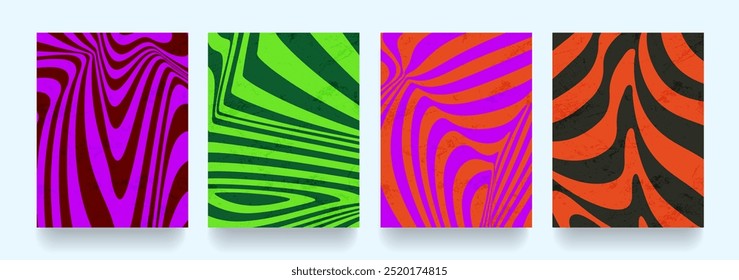 Set von optischen psychedelischen Herbstdesigns mit verdrehten Streifen. Moderne abstrakte Hintergrundmuster im Retro-Stil für Werbung, Web, Social Media, Poster, Banner und Cover.
