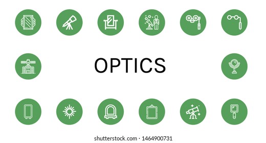 Set of optics icons such as Mirror, Telescope, Stargazing, Binoculars, Hand mirror, Planetarium , optics