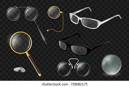 Set of optics - modern vector realistic isolated clip art on transparent background. Stylish spectacles, glasses, lenses, monocle, lorgnette, loupe, pince-nez