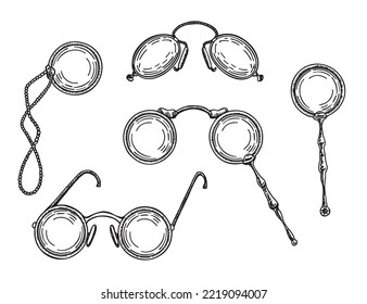 Set of optics: Pince-nez, lorgnette, monocles. Vintage spectacles. Vintage glasses sign. Ink sketch set isolated on white background. Hand drawn vector illustration. Retro engraving style.