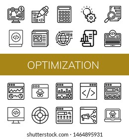 Set of optimization icons such as Analytics, Coding, Seo and web, Seo, Programming, Development, Web analytics, Code, Webpage, Search engine , optimization