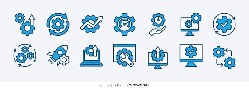 Set of optimization technology icon. Containing automated process development, progress, update, upgrade, speed, efficient time, setup, startup, performance, website, operation, machine vector