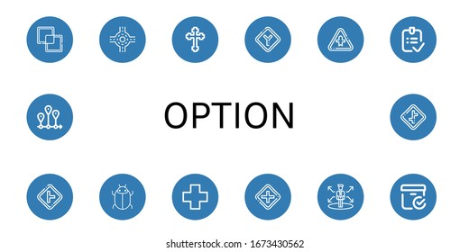 Set of option icons. Such as Intersect, Junction, Cross, Intersection, Done, Tick, Decision, Checked box, Timeline, Crossroads , option icons