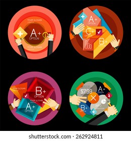 Set of option presentation labels, flat design web infographic boxes, paper graphics with gestures