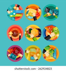 Set of option presentation labels, flat design web infographic boxes, paper graphics with gestures