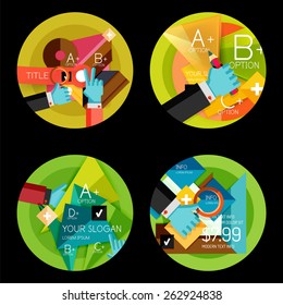 Set of option presentation labels, flat design web infographic boxes, paper graphics with gestures
