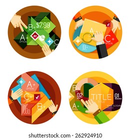 Set of option presentation labels, flat design web infographic boxes, paper graphics with gestures