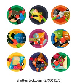 Set of option presentation labels, flat design web infographic boxes, paper graphics with gestures