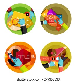 Set of option presentation labels, flat design web infographic boxes, paper graphics with gestures