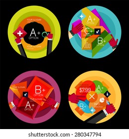 Set of option presentation labels, flat design web infographic boxes, paper graphics with gestures