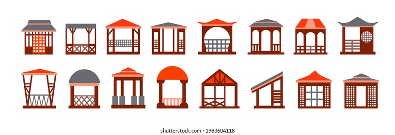 Set Of Options For Gazebos For Japanese And Chinese Gardens. Collection Of Color Vector Arbor Icons In Flat Cartoon Style For Landscape Design And Construction Isolated On White Background