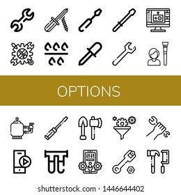 Set of options icons such as Wrench, Tool, Screwdriver, Filter, Edit tool, Play button, Tools, Configuration , options