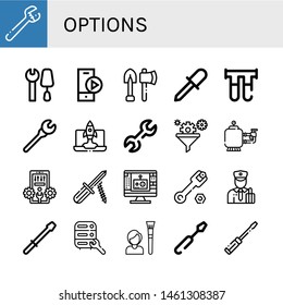 Set of options icons such as Wrench, Tools, Play button, Screwdriver, Filter, Configuration, Edit tool, Customs, Maintenance, Tool , options